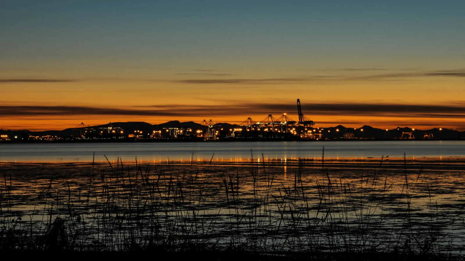 Sunset over an industrial port